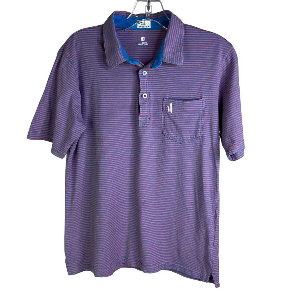 Johnnie-O Polo Shirt Boys 14 Blue Red Stripe Hangin' Out Short Slv Surfer‎ Logo